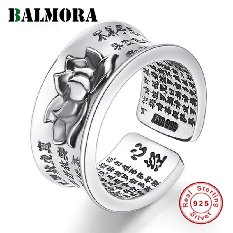 

BALMORA Real 999 Silver Jewelry Buddhism Sutra Lotus Open Stacking Rings for Women Men Gift Vintage Statement Fashion Jewelry