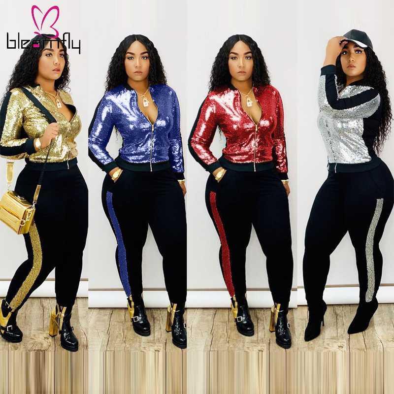 

3XL Winter Women Set Full Sleeve Tracksuit Sequined Tops Pants Suit Patchwork Two Piece Set Night Club Party Fall Outfits 20191, Gold