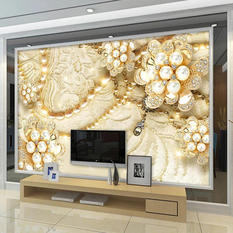 

3D Wallpaper European Style Stereo Jewelry Lace Pearls Photo Wall Murals Living Room TV Sofa Luxury Home Decor 3D Self-Adhesive, As pic