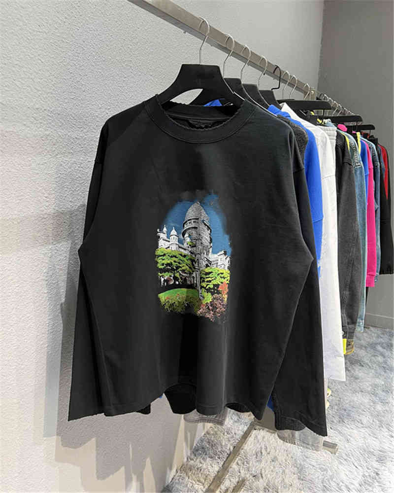

Men's Hoodies & Sweatshirts High version 21 early autumn front and back Castle printing heavy industry washing water worn holes men's women's long sleeve 7LSH, Black