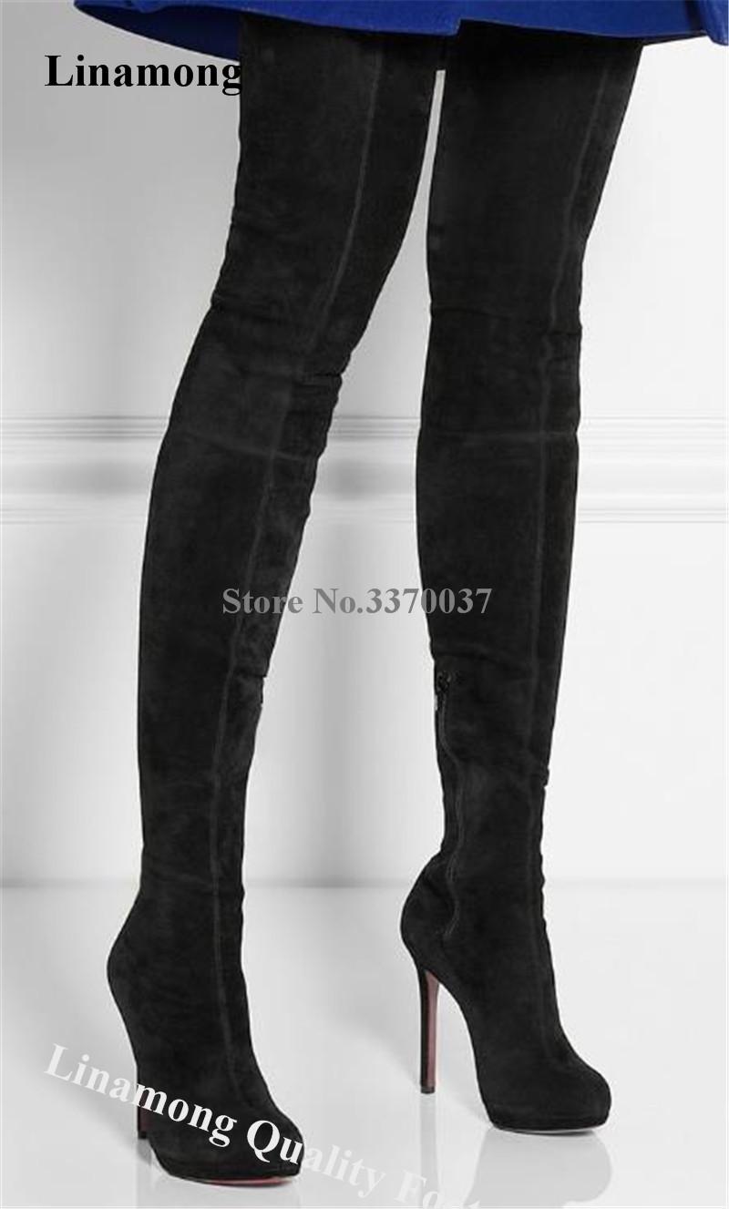 

Linamong Fashion Round Toe Suede Leather Stiletto Heel Over Knee Boots Slim Black Bandage Thigh High Long Boots Dress Shoes, Customize colors