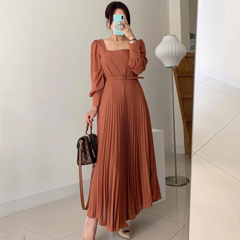 

Vintage Women Square Collar Pleated Long Dress Spring Autumn Elegant High Waist Lantern Long Sleeve Draped Vestidos With Sashes, Orange