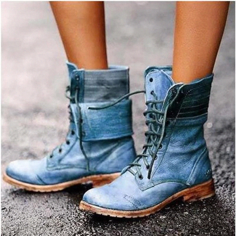 

New Lace-up Winter Motorcycle Boots Women British Style Fashion Boots Gothic Punk Low Heel Bule Boot Women Botas De Mujer #0h4k, Black