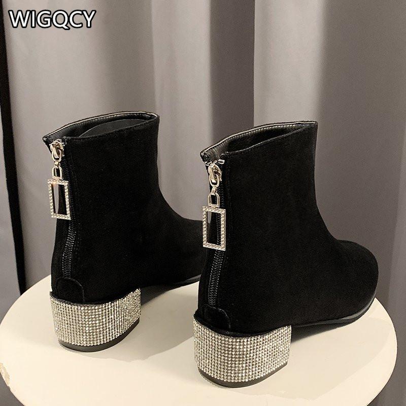 

2020 Autumn New Elastic Boots Women's Rhinestone Short Boots Thick Heel Black Women's Fashion Mid-Heel Single