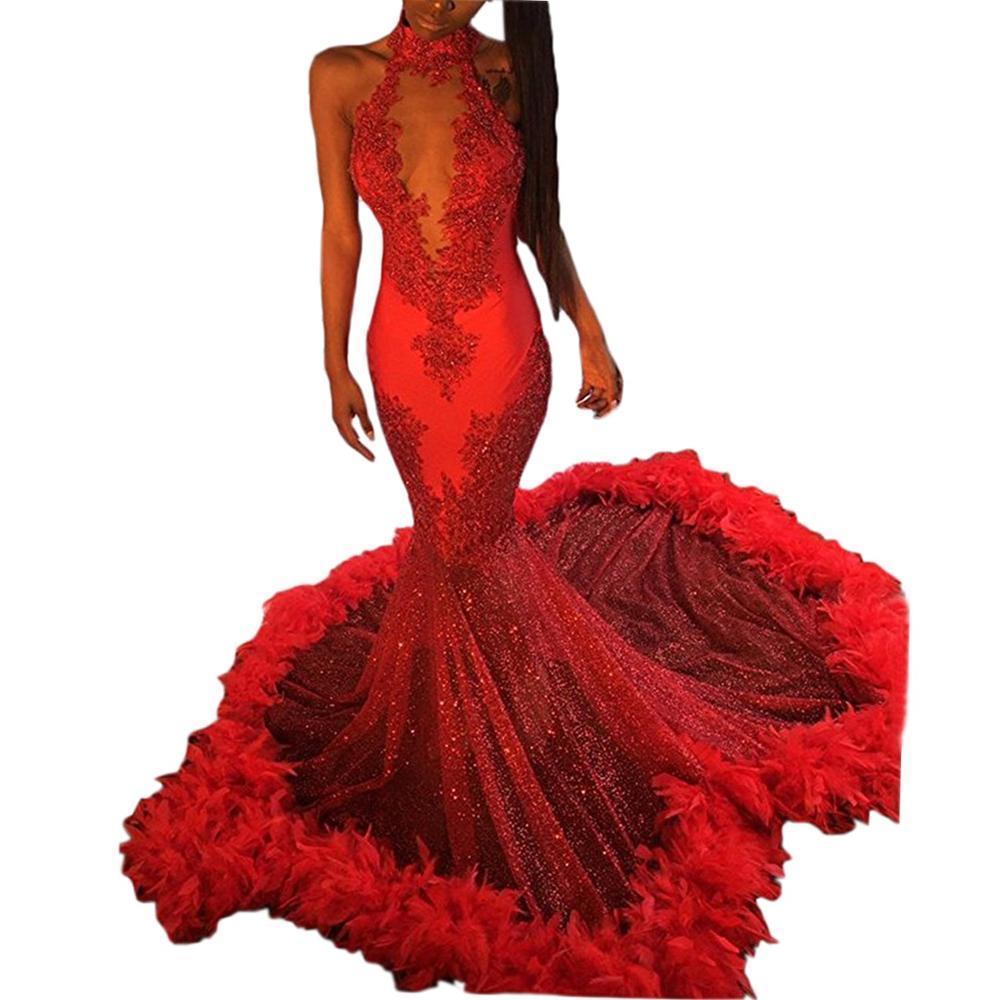 

2021 New Impressive Feather Ball Gown Sleeveless Mermaid Party Dress Lace DR74