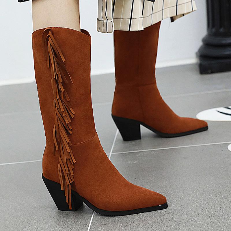

AIWEIYi Fashion Female Woman Mid-Calf Boots Square Heel High Heels Nubuck Leather Motorcycle Boots Autumn Winter Shoes Woman, Yellow