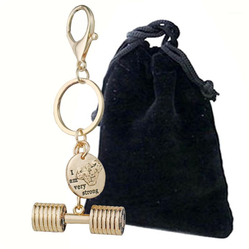 

Dumbbell Strength Keychain Men Gold Color Stainless Steel I am Very Strong Charm Car Bag Key Ring Men Inspirational Jewelry1