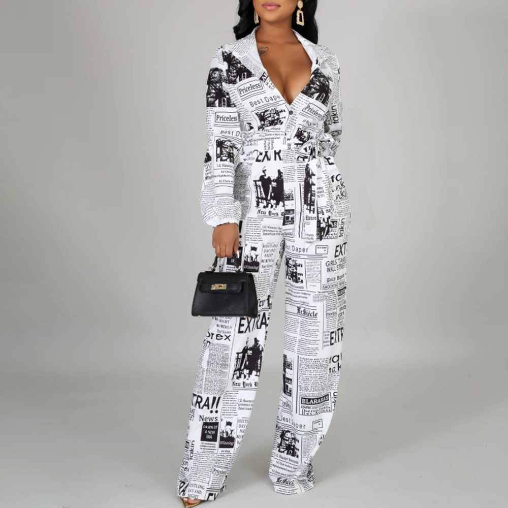 

2021 Elegant Neckline in Ladies'overalls Summer Fashion Printed Newspaper Long Overalls Ladies' Office Party Coveralls Club Fbpr, White