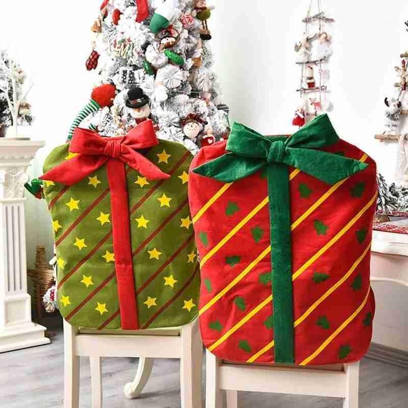 

Christmas Chair Back Cover Super Soft Cloth Cute Bow Gift Package Chair Back Suit Festival Restaurant Home Decoration1