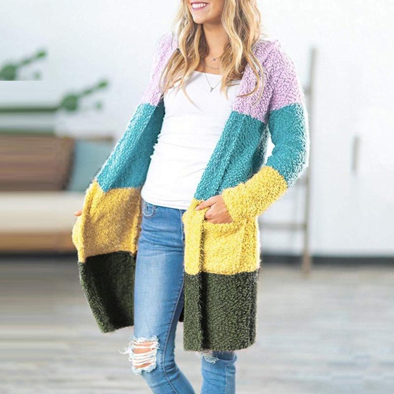 

Ladies Rainbow Long Cardigan Jacket Women Casual Long Sleeve Open Front Soft Chunky Knitted Pocket Sweater Outerwear Plus Size, Pink