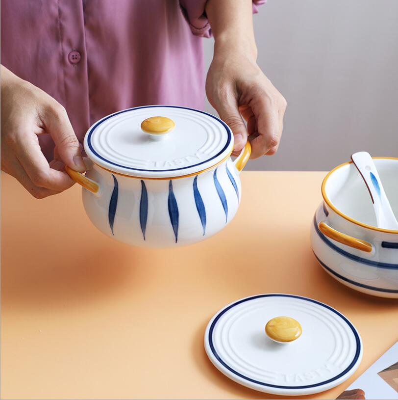 Hand painted double ear bowl Dutch Ovens ceramic breakfast with cover creative and simple household soup bowls bird's nest stew cups-image-635799999