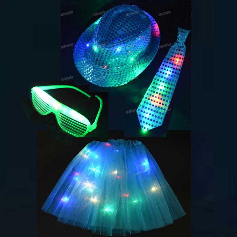 

Women Girl LED Party Flashing Jazz Hat Sequin Cap Tie Glow Light Up Wire Tutu Stage Dancing Birthday Glow Party Skirt Carnival