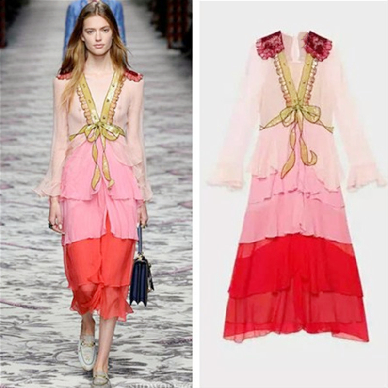 

2021 New Runway Summer of Luxury Sexy Woman Deep in Frilly Block Bow Sequins Designer Chiffon Dress Gqr8, Blue