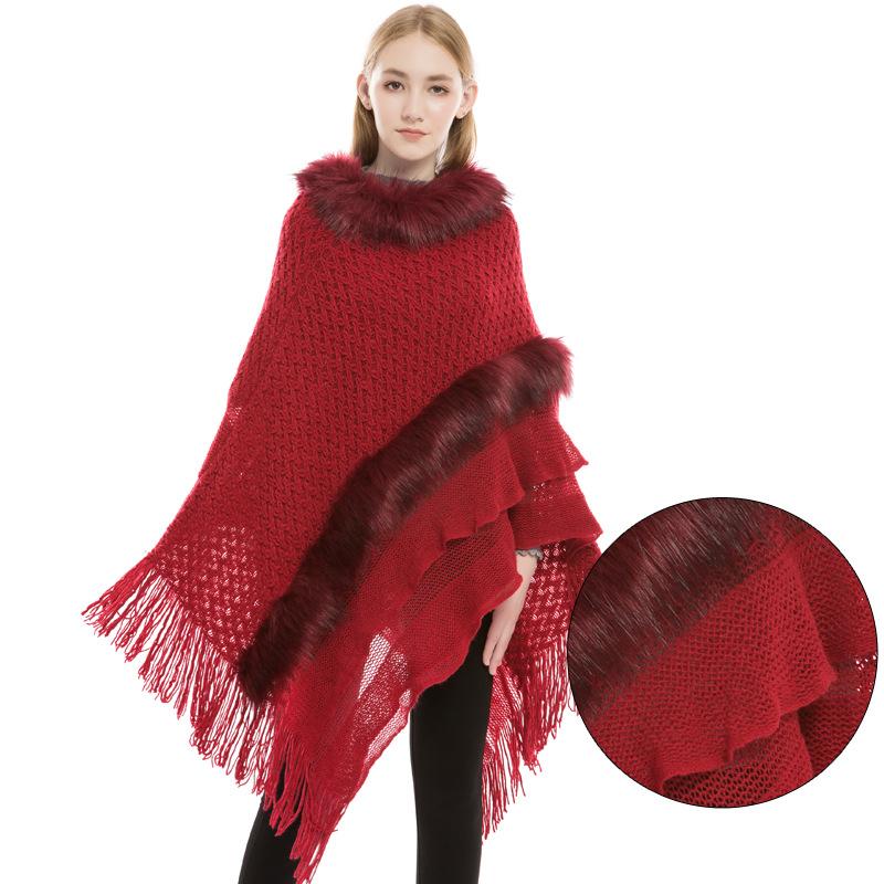 

Lady's furry collar Scarf in Winter Solid Thickening Poncho Autumn Women's Striped Red Tassels Warm Shawl