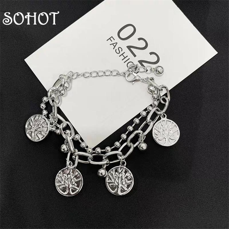 

SOHOT Korean Design Double layer Unisex Tassel Couple Bracelet Round Metal Round Bead Tassel Pendant Trendy Charm Jewelry
