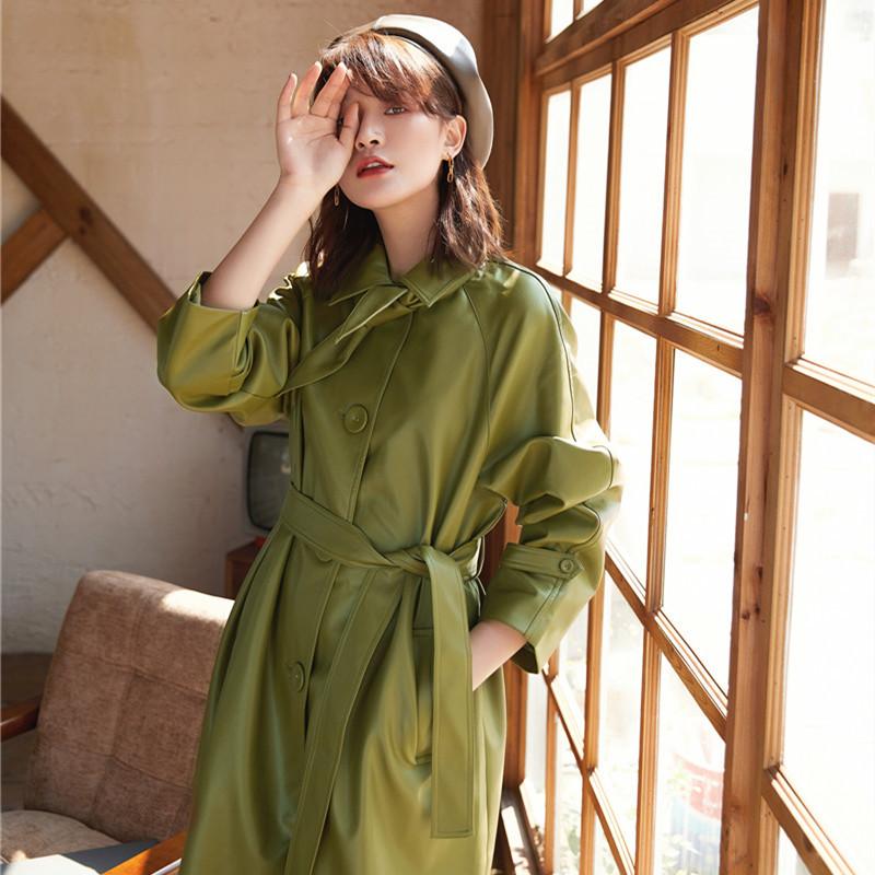 

Long Vintage Single-breasted Lace up Windbreaker Slim Faux Leather Trench Coat Women 2020 Spring autumn New PU Leather Outerwear, Green