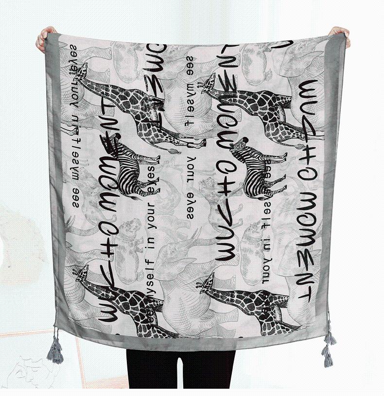 

Berets Lovely Animal Rhinoceros Pattern Tassel Viscose Shawl Scarf Lady High Quality Wrap Snood Bufandas Muslim Hijab 180*90cm, Blue;gray