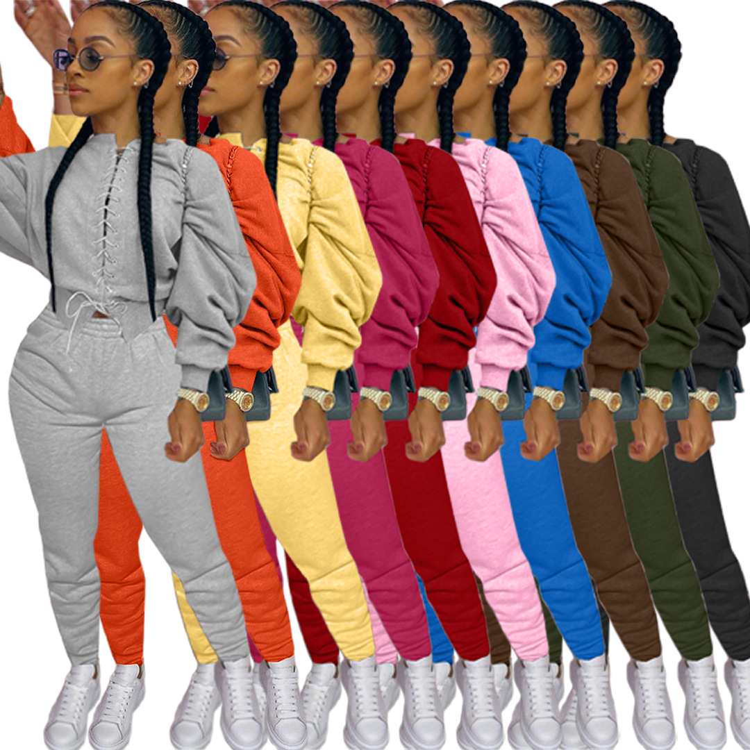 

SENYU Tracksuit Plain Color Autumn Women 2 Piece Set Lace Up Sweat Pants Crop Hoodies Solid Fitness Sporty Suit Set Biker Outfits, As shown