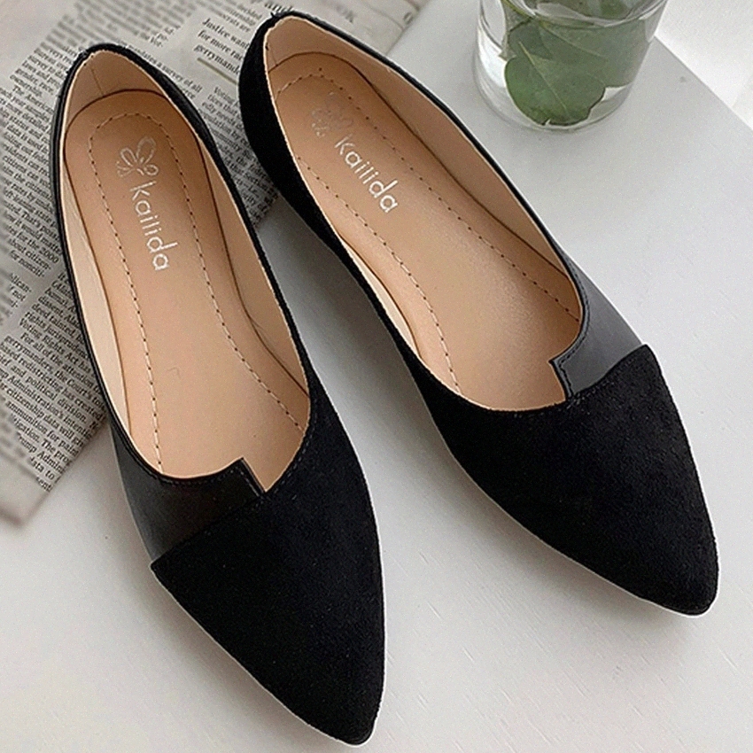 

35-40 Leather Shoes Splice Color Shoe Ballerina Slip On Shoes Women Flats 2020 Fashion Pointed Toe Ballet Footwear buty damskie #Nn3k