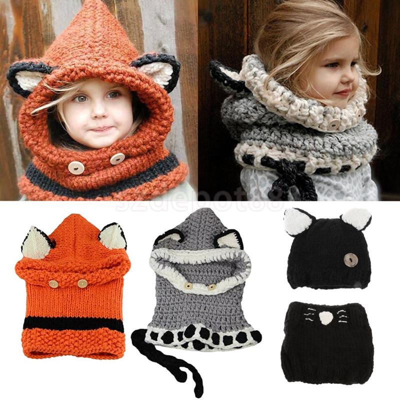 

Winter Kids Hat Crochet Knitted Caps Coif Hood Scarf Earflap Beanies Black