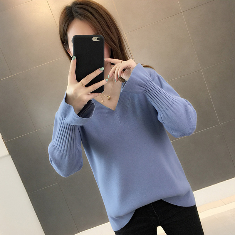 

2021 New Autumn Solid Winter Knitted Women's Sleeves with Cleavage on v Fashion Tops Pullovers S86S