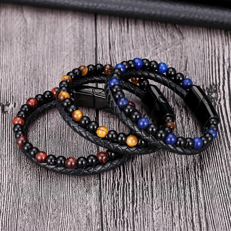 

Charm Bracelets Natural Stone Genuine Leather Braided Bracelet Black Stainless Steel Magnetic Clasp Tiger Eye Bead Bangles Men Jewelry