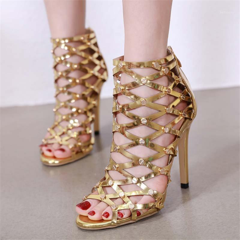 

Super High Heels 12cm Women Sandals Summer Peep Toe Sexy Hollow Metal Rivets Zipper Gladiator Wedding Party Ladies Shoes Gold 401