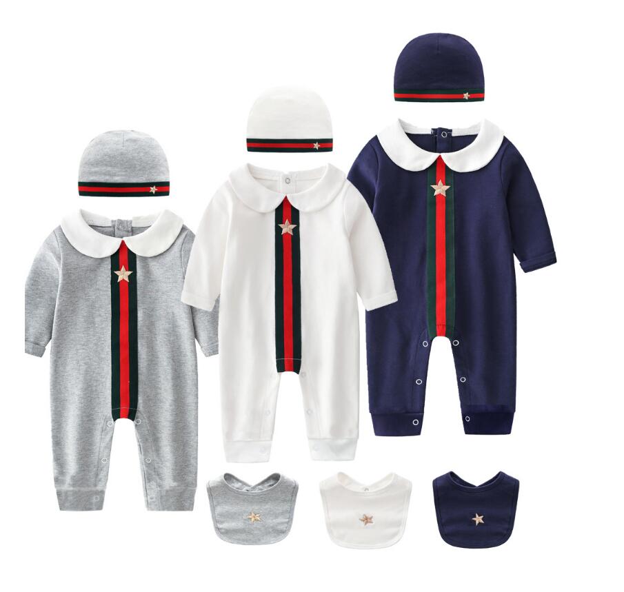 

3Pcs Sets For Baby Cotton Long Sleeve Rompers+Hats+Bibs Kids Jumpsuits Newborn Onesies Toddler Clothes Spring Autumn Infant Clothing, Blue