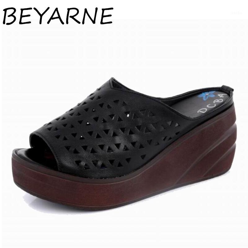 

BEYARNE 2020 Newest Cowhide Hollow Summer Sandals Women Slippers Fashion Elegant Thick Bottom Wedge Slipper Simple White Casual1, Black