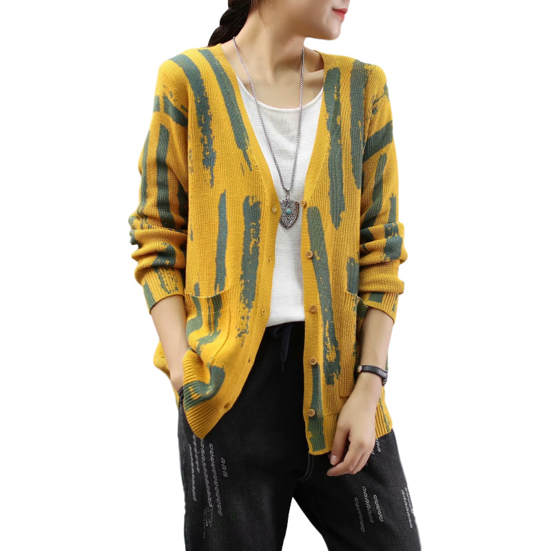 

European Designer New Women Vintage Cardigan Striped Ladies Printed Shirts Women's Knitted or Crocheted Clothing Plus Size Vtar, Black