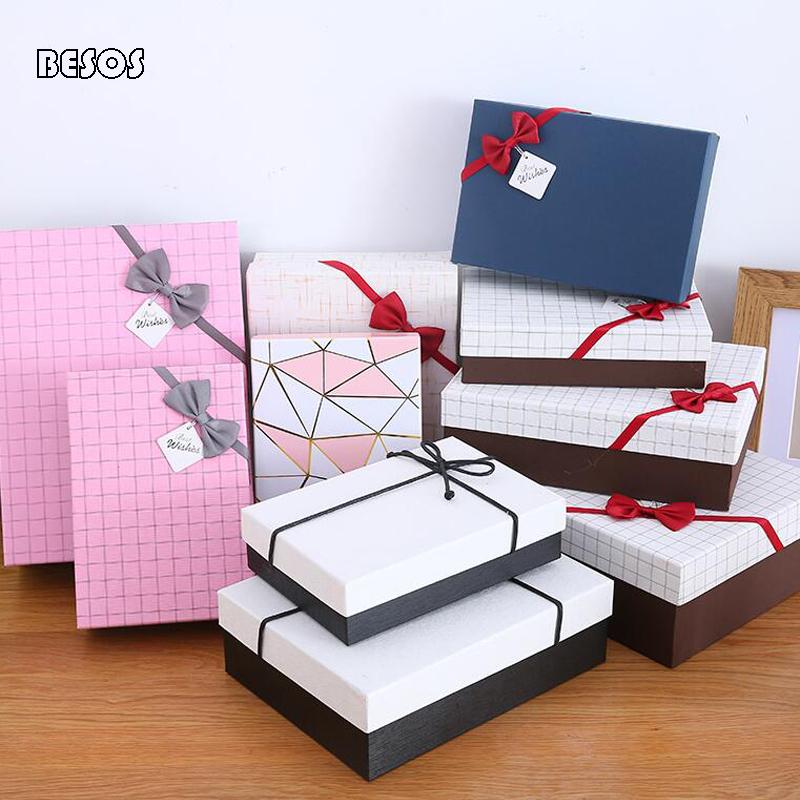 

Stylish Rectangular Gift Box Retro Pure Color Plaid Simple Bow Birthday Wedding Party Shirt Scarf Increase Paper Gift Box B317D