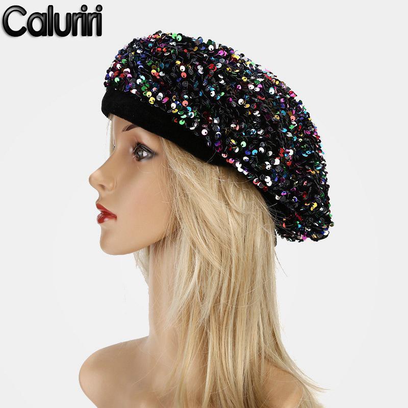 

Fashion Muslim Women Sequin Berets Bling Stretch Metallic Shining French Beret Hat Beanie Clubwear Hat Winter Womens ZZ-2771, White