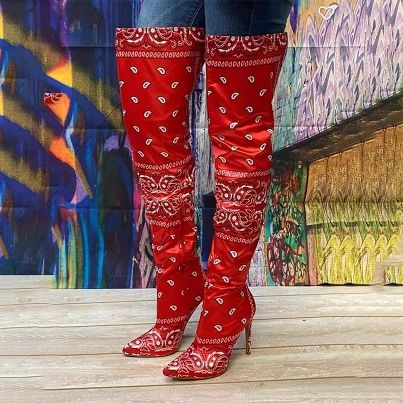 

the Female on Knee Bandana Graffiti Heels Sexy Boots and Purse Set for Woman 2021 Z95m, Red