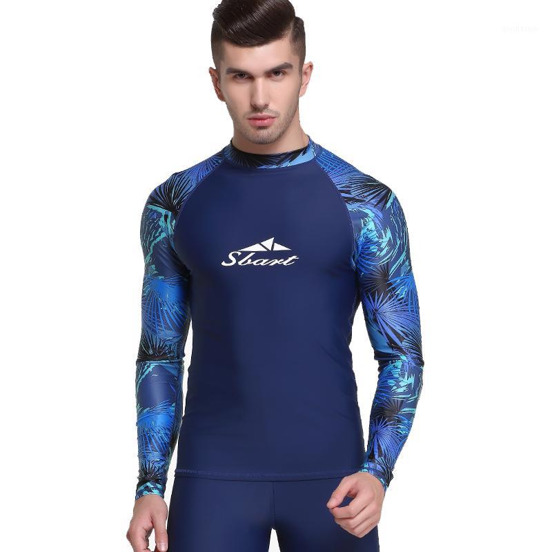 

Sbart Men's Long Sleeve Rashguard Swim Shirt UV Sun Protection UPF 50+ Swimming Surfing Top Basic Layer Skin for Wetsuit Blue1