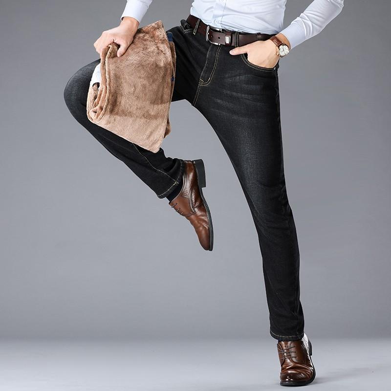 

2021 Autumn Winter Warm Fleece Business Men Loose Fit Jeansdirect Straight Retro Blue Stretch Vintage Casaul Stretch Jeans, Black