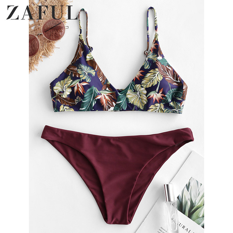 

ZAFUL Tropical Leaf Print Bralette Bikini Swimsuit Y200319, Red wine
