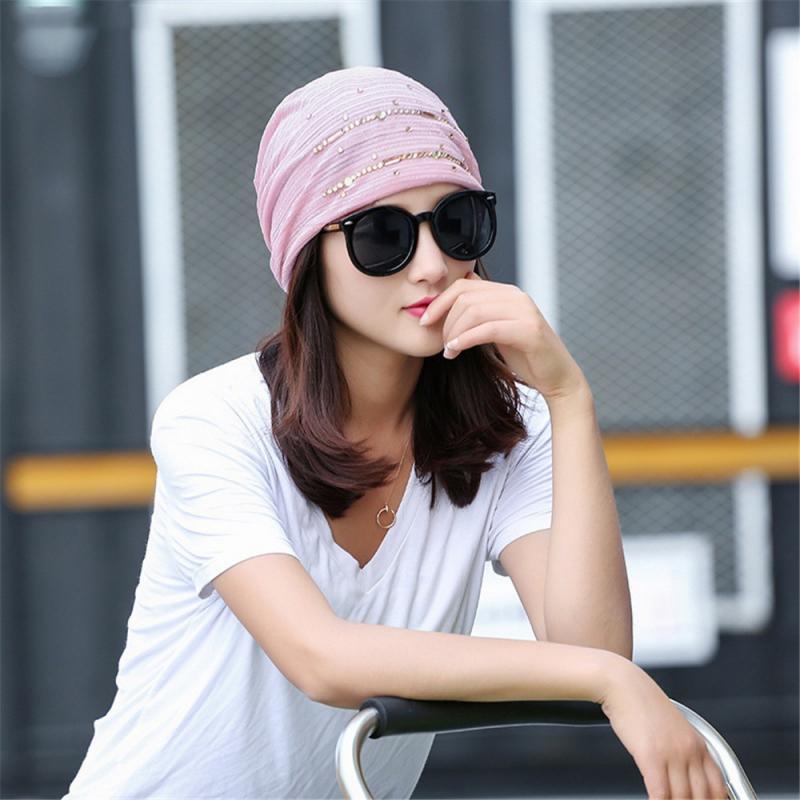 

Spring Summer Hooded Cap With Breathable Rhinestones Women's Pile Cap Lace Printed Cotton Chemotherapy Pregnant Beanie Turban, 06