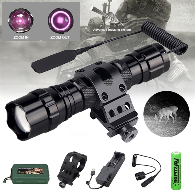 

501B LED Infrared Tactical Flashlight Zoomable Night Vision Hunting Torch Rechargeable Waterproof Flashlights IR 850nm/940nm 220217