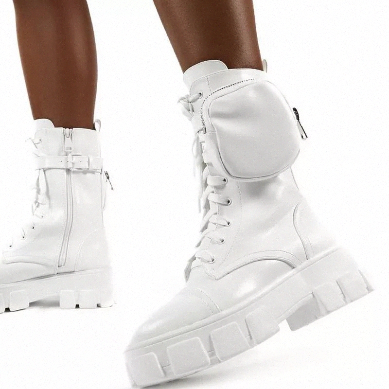 

Women Boots PU Leather Short Boots with Pocket 2020 Winter Non Slip Chunky Bootes Fashion Motorcycle Female Footwear #YL3j, Black