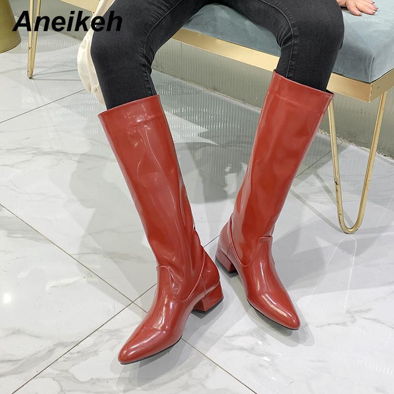 

Aneikeh 2020 Spring/Autumn LEISURE Fashion Mid-Calf Riding, Equestrian Boots Knee-High Short Square Heel Fleeces/PU Casual Shoes1, Pu-red