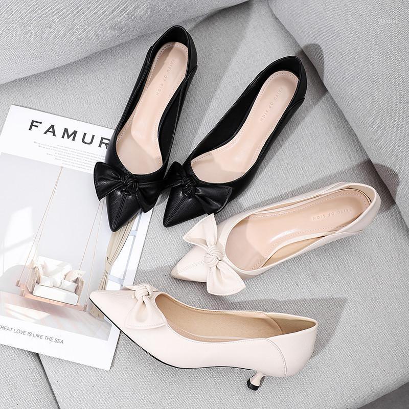 

Spring 2020 Shoes Woman 4CM Thin High Heels Pointed Toe Slip Ons PU Bowtie Elegant Women Heels Office Lady Party Wedding Shoes1, Beige