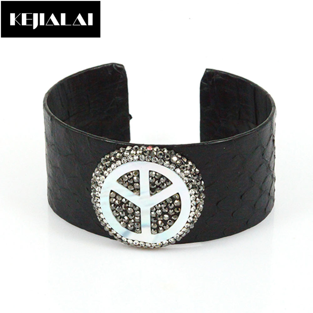 

New Fashion Punk Bangle Python Leather Snake Skin Pearl Shell Tree Shape Charm Pave with Rhinestone Open Cuff Adjustable Bracele