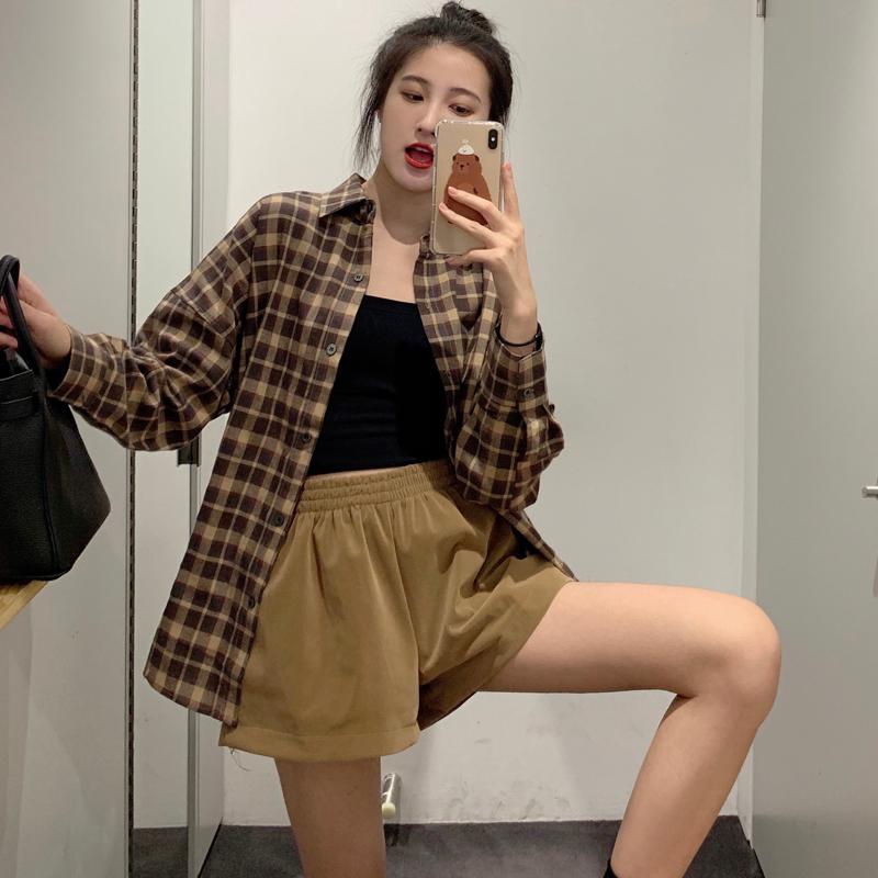 

retro plaid loose women shirts, Brown