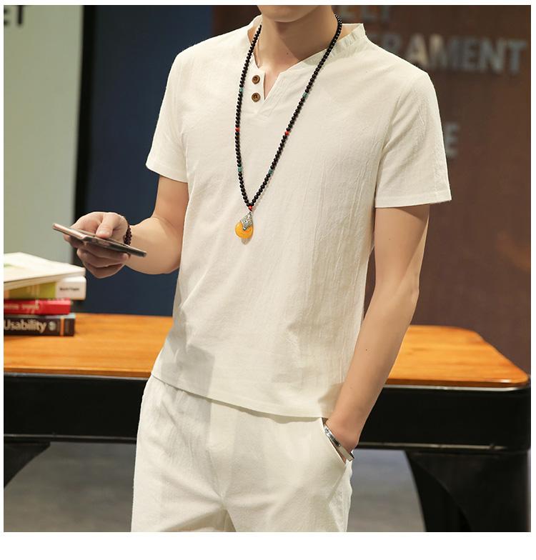 

2020 new summer men's short sleeve T-shirt cotton linen suit fashion linen men's casual suit wear, Sky blue