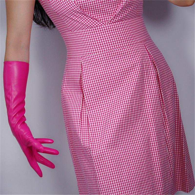 

Women Long Section Leather Gloves 40cm Simulation Leather Imitation Sheepskin PU Rose Red Deep Pink 3-PUMH40