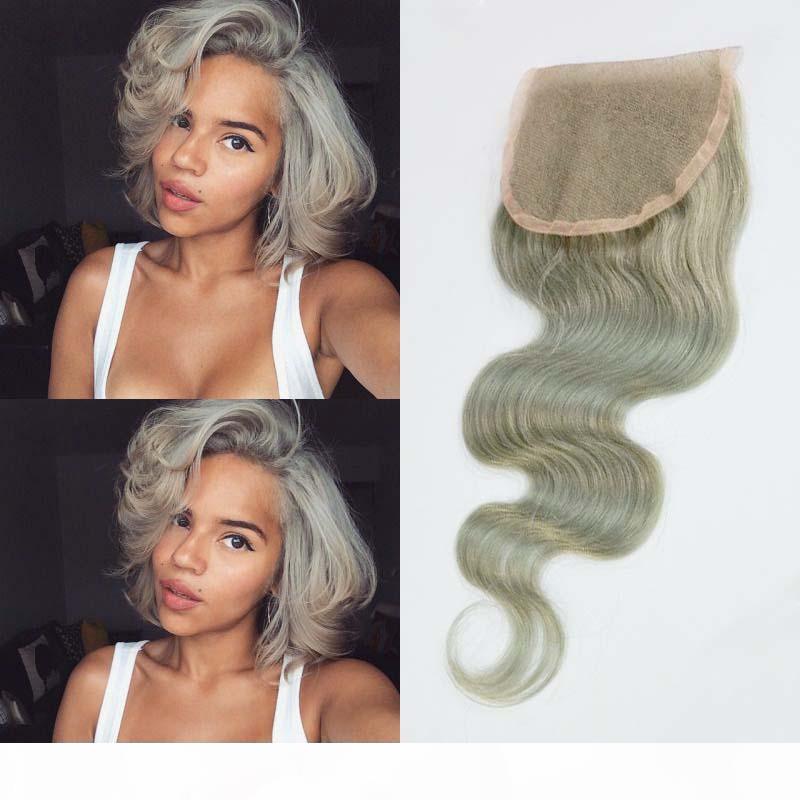 

Malaysian human Hair gray color 4x4 Lace Closure grey body wave Closure Free Mid Three Part