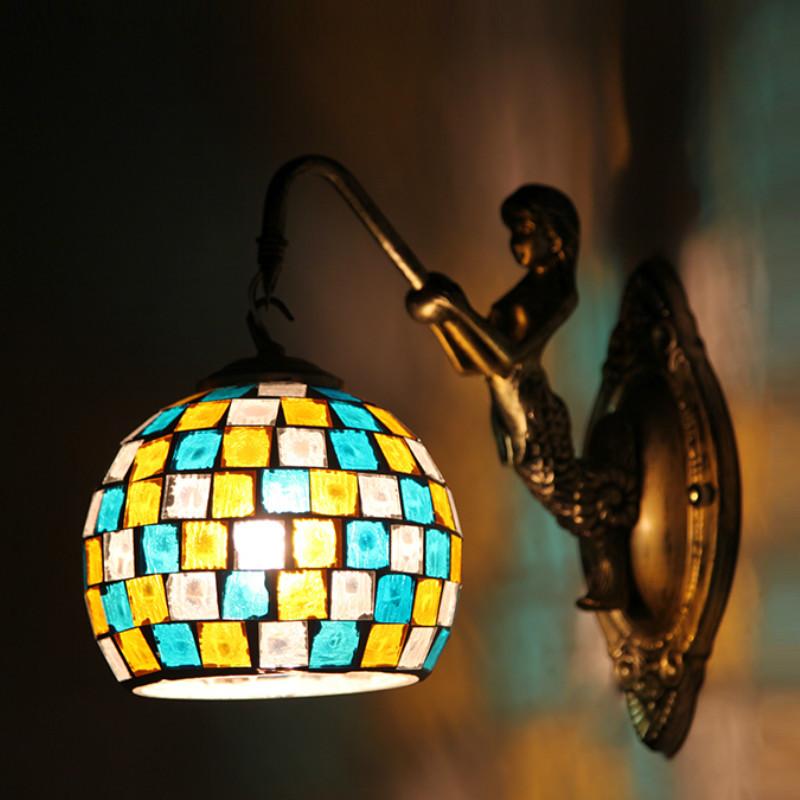 

Retro industrial zone cafe bar wrought iron wall lamp modern handmade stained glass decoration bedroom bedside lamp WF1113