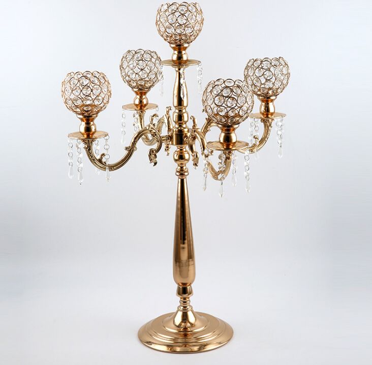 

NEW 76 cm height 5-arms metal Gold candelabras with crystal pendants wedding candle holder Event centerpiece