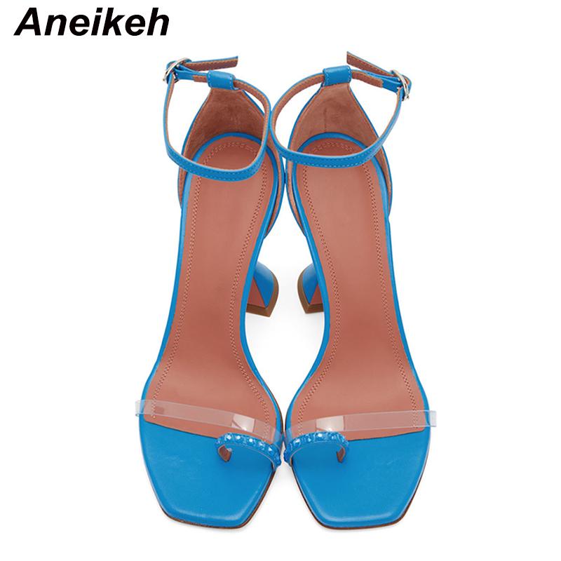 

Aneikeh Zapatos De Mujer 2021 Summer PVC Women's Shoes Fashion Bling Patchwork Narrow Band Square Toe High Heels Wedding Sandals, White