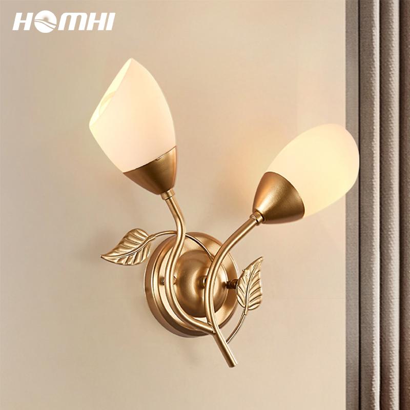

Nordic Decoration Salon Bedroom Led Wall Lamp Gold European Style for Wall Bathroom Decor Glass Lamp Shade Leaf 2 Heads Homhi